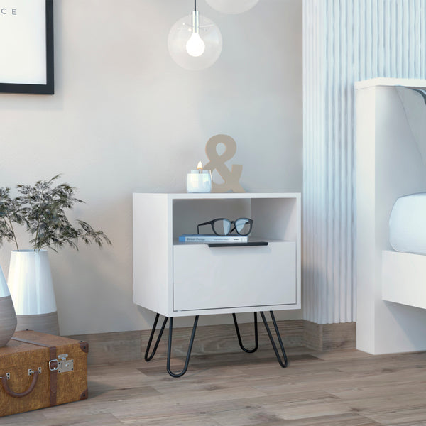 English Elm Vienna Mid-Century Nightstand with Cabinet and Shelves, Sleek Hairpin Legs, Stylish Storage Solution White 26 L x 22 W x 5 H B128P148826