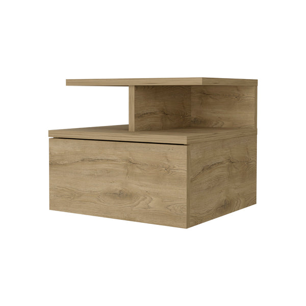 English Elm Augusta Floating Nightstand Wall-Mounted Macadamia Finish with Drawer & 2-Tier Shelf for Small Spaces B128P148658