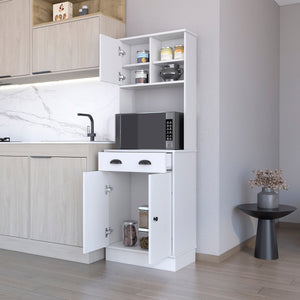 English Elm Powell White Microwave Kitchen Cabinet with Drawer, 3 Doors & Open Shelves for Compact Storage B128P148794