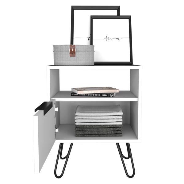English Elm Vienna Mid-Century Nightstand with Cabinet and Shelves, Sleek Hairpin Legs, Stylish Storage Solution White 26 L x 22 W x 5 H B128P148826