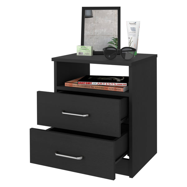 English Elm Oklahoma Black Nightstand with Two Drawers & Open Shelf, 19.9" Engineered Wood, Metal Hardware B128P148772