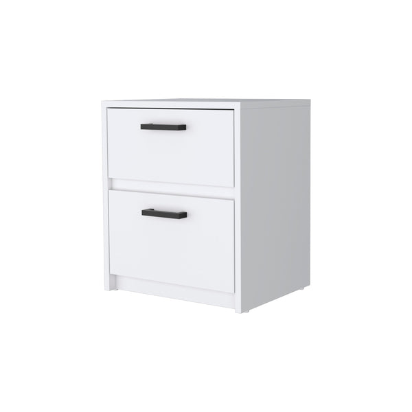 English Elm Myrtle White 2-Drawer Nightstand with Metal Handles — Compact Engineered Wood Bedside Table, Storage B128P148758