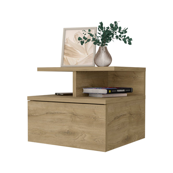 English Elm Augusta Floating Nightstand Wall-Mounted Macadamia Finish with Drawer & 2-Tier Shelf for Small Spaces B128P148658