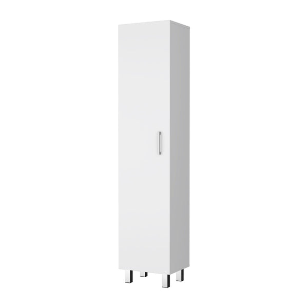 English Elm Clarno Tall Storage Cabinet with Broom Hangers, White Engineered Wood, 4 Shelves, Metal Legs B128P148688