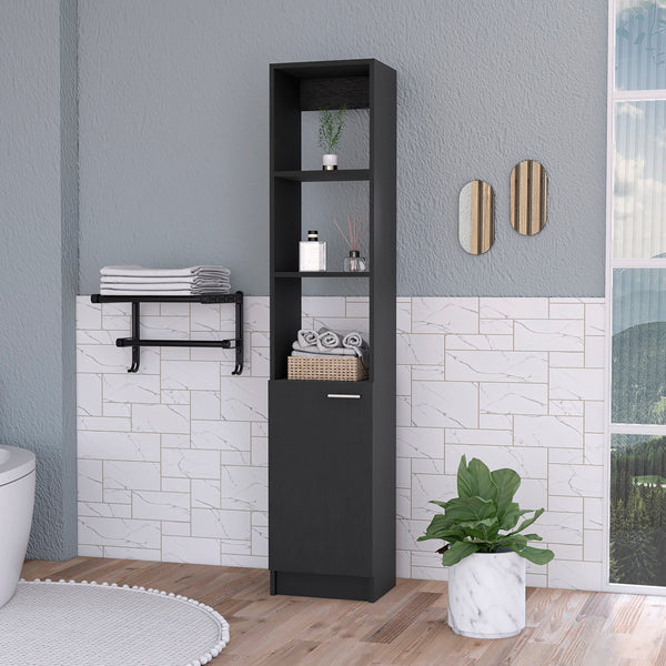 English Elm Kansas Linen Cabinet Black 63.8" Tall Slim Storage with 3 Open Shelves and Lower Concealed Cabinet for Bath B128P148725