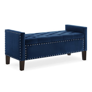 English Elm Upholstered Velvet Storage Bench Tufted Seat Nailhead Trim Armrests Entryway Bedroom Navy W2186139088