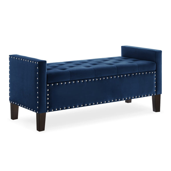 English Elm Upholstered Velvet Storage Bench Tufted Seat Nailhead Trim Armrests Entryway Bedroom Navy W2186139088
