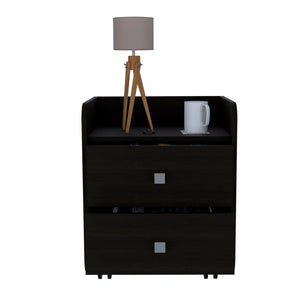 English Elm York Nightstand with Superior Top & Dual Drawers on Casters, Black Engineered Wood, Compact Storage B128P148846