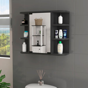 English Elm Valdez Bathroom Medicine Cabinet Mirror with Six Open Shelves and Central Mirrored Door, Durable Black 28 L x 19 W x 5 H B128P148817