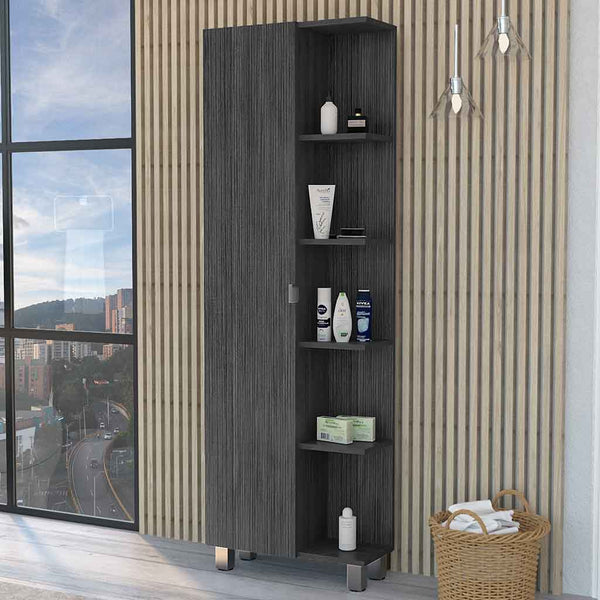 English Elm Los Angeles Linen Smoke Cabinet with Five Shelves & One Door Cabinet, 62.2"H Slim Storage with Metal Legs B128P148736