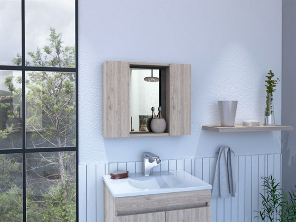 English Elm Draco Modern Wall Medicine Cabinet with Mirror and External Shelf, Double Door Storage Solution Light Gray 28 L x 26 W x 3 H B128P148705