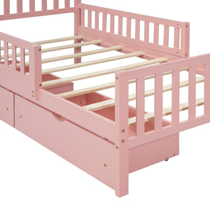 English Elm Twin Pinewood Platform Bed with Headboard, Guardrails & Two Underbed Drawers for Storage Pink 70.6 L x 17.1 W x 5.9 H N733P172696H