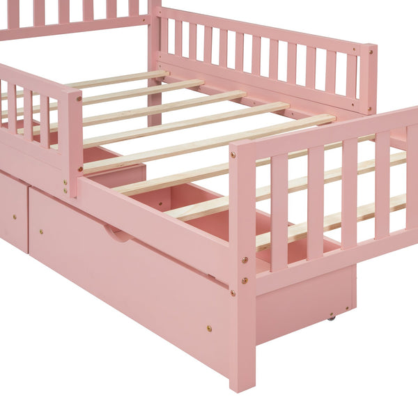 English Elm Twin Pinewood Platform Bed with Headboard, Guardrails & Two Underbed Drawers for Storage Pink 70.6 L x 17.1 W x 5.9 H N733P172696H