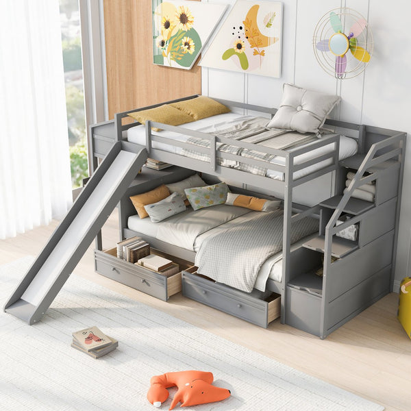 English Elm Twin Twin Bunk Bed with Staircase Storage, Slide, Built-In Desk, Drawers & Shelves — Safe Stylish Gray SM001811AAE