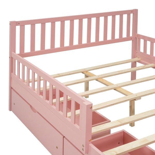 English Elm Full Wood Platform Bed with Headboard, Guardrails & Underbed Storage Drawers – Sturdy Pine Frame, 450LB Capacity Pink 78.25 L x 18.5 W x 6 H N733P172700H