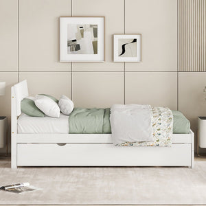 English Elm Modern Twin Bed with High Gloss Headboard Light Oak Trundle for Compact Spaces Creamy White,White W697131325