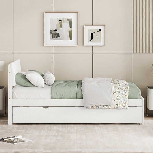 English Elm Modern Twin Bed with High Gloss Headboard Light Oak Trundle for Compact Spaces Creamy White,White W697131325