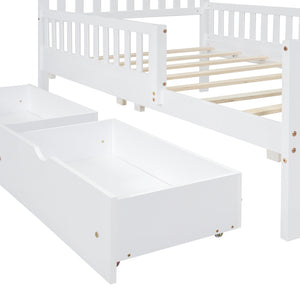 English Elm Twin Pinewood Platform Bed with Headboard, Guardrails & Two Underbed Drawers for Storage White 70.6 L x 17.1 W x 5.9 H N733P172696K