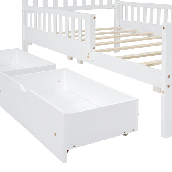 English Elm Twin Pinewood Platform Bed with Headboard, Guardrails & Two Underbed Drawers for Storage White 70.6 L x 17.1 W x 5.9 H N733P172696K