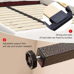 English Elm King Size Velvet Upholstered Platform Bed With Unique Headboard, Solid Wood Frame & Metal Support W1885S00167