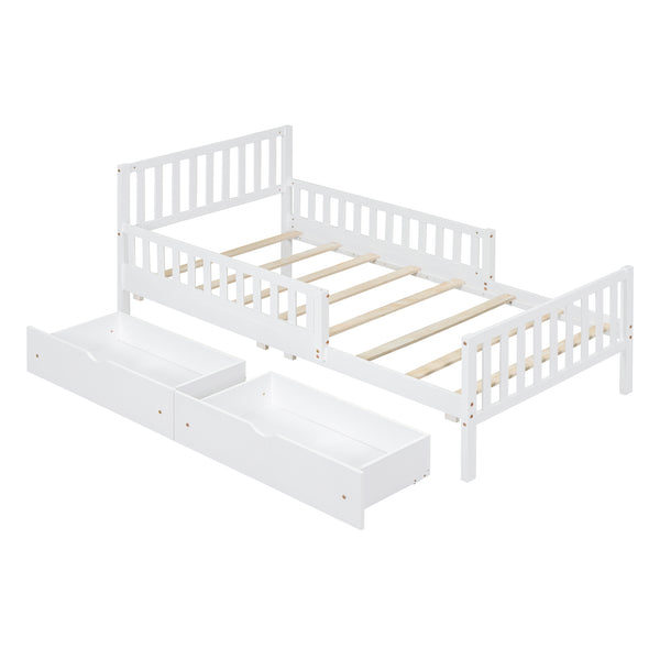 English Elm Twin Pinewood Platform Bed with Headboard, Guardrails & Two Underbed Drawers for Storage White 70.6 L x 17.1 W x 5.9 H N733P172696K