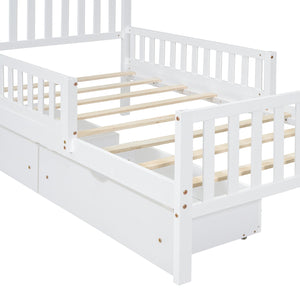 English Elm Twin Pinewood Platform Bed with Headboard, Guardrails & Two Underbed Drawers for Storage White 70.6 L x 17.1 W x 5.9 H N733P172696K