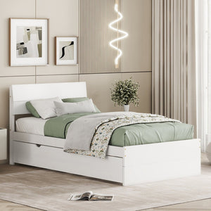 English Elm Modern Twin Bed with High Gloss Headboard Light Oak Trundle for Compact Spaces Creamy White,White W697131325