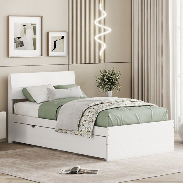 English Elm Modern Twin Bed with High Gloss Headboard Light Oak Trundle for Compact Spaces Creamy White,White W697131325