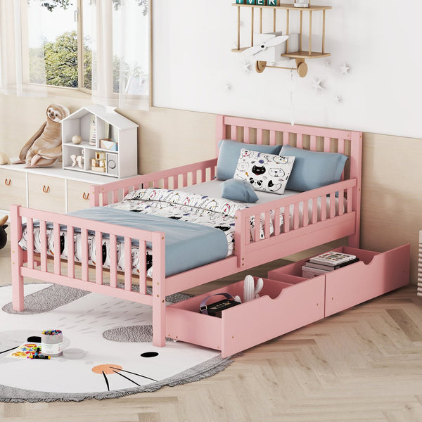 English Elm Twin Pinewood Platform Bed with Headboard, Guardrails & Two Underbed Drawers for Storage Pink 70.6 L x 17.1 W x 5.9 H N733P172696H