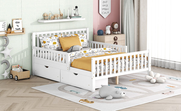English Elm Full Wood Platform Bed with Headboard, Guardrails & Underbed Storage Drawers – Sturdy Pine Frame, 450LB Capacity White 78.25 L x 18.5 W x 6 H N733P172700K