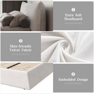 English Elm King Size Upholstered Platform Bed With Velvet Headboard, Solid Wood & Metal Frame, Beige/White W1885S00010