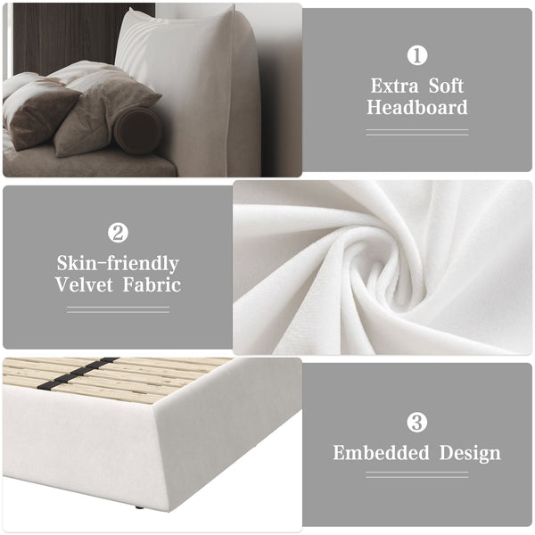 English Elm King Size Upholstered Platform Bed With Velvet Headboard, Solid Wood & Metal Frame, Beige/White W1885S00010