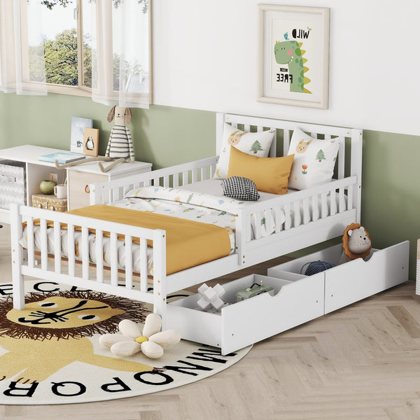 English Elm Twin Pinewood Platform Bed with Headboard, Guardrails & Two Underbed Drawers for Storage White 70.6 L x 17.1 W x 5.9 H N733P172696K