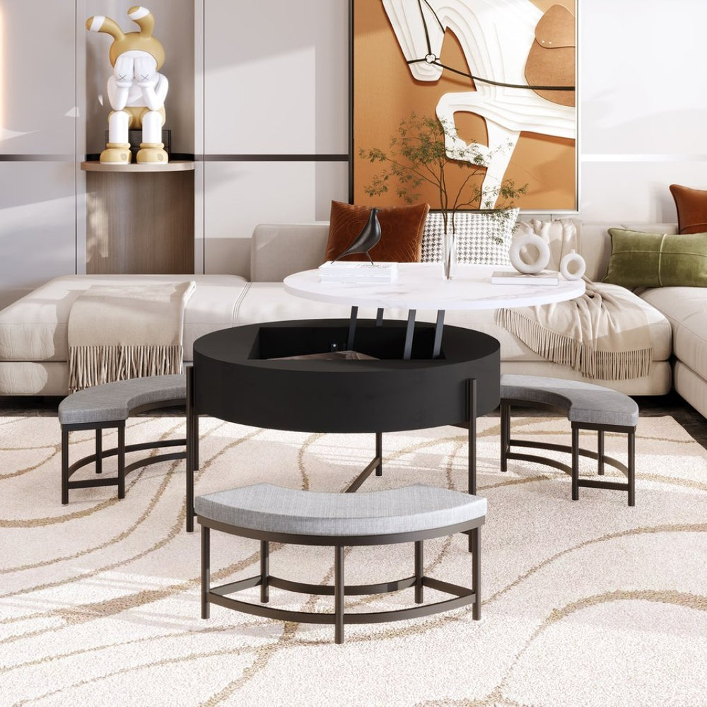 English Elm Modern Round Lift Top Coffee Table with Hidden Storage and Three Nesting Ottomans CH265770AAB