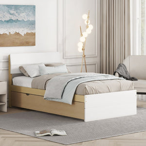 English Elm Modern Twin Bed with High Gloss Headboard Light Oak Trundle for Compact Spaces White + Light Oak W697131327