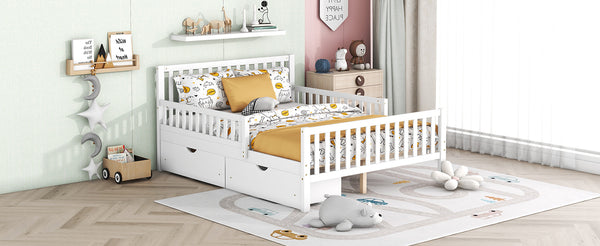 English Elm Full Wood Platform Bed with Headboard, Guardrails & Underbed Storage Drawers – Sturdy Pine Frame, 450LB Capacity White 78.25 L x 18.5 W x 6 H N733P172700K