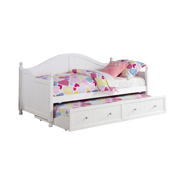 English Elm White Twin Daybed with Trundle - Elegant Curved Back, Slim Vertical Slats, Crystal Hardware, Guest-Ready Double Bed B062S00278