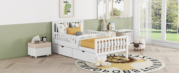 English Elm Twin Pinewood Platform Bed with Headboard, Guardrails & Two Underbed Drawers for Storage White 70.6 L x 17.1 W x 5.9 H N733P172696K