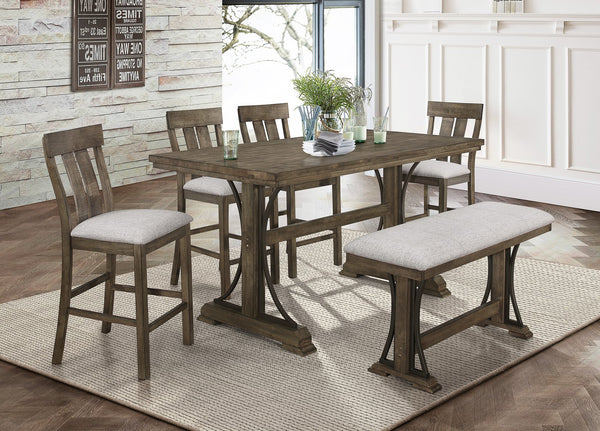 English Elm 1pc Light Brown Counter Height Trestle Table 71" x36" Industrial Curved Metal Accents Casual Dining Centerpiece B011S01087