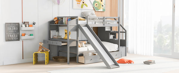 English Elm Twin Twin Bunk Bed with Staircase Storage, Slide, Built-In Desk, Drawers & Shelves — Safe Stylish Gray SM001811AAE