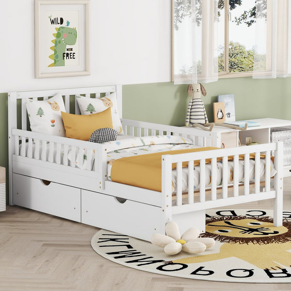 English Elm Twin Pinewood Platform Bed with Headboard, Guardrails & Two Underbed Drawers for Storage White 70.6 L x 17.1 W x 5.9 H N733P172696K