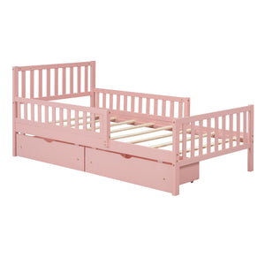 English Elm Twin Pinewood Platform Bed with Headboard, Guardrails & Two Underbed Drawers for Storage Pink 70.6 L x 17.1 W x 5.9 H N733P172696H