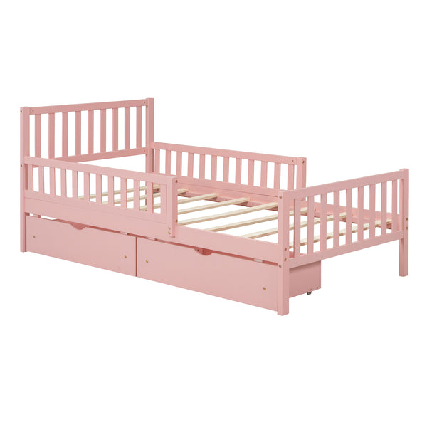 English Elm Twin Pinewood Platform Bed with Headboard, Guardrails & Two Underbed Drawers for Storage Pink 70.6 L x 17.1 W x 5.9 H N733P172696H