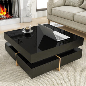 English Elm Modern High Gloss Coffee Table With 4 Drawers, Multi-Storage Square Cocktail Tea Table With Wood Grain Legs, Center Table For Living Room, 31.5''X31.5'', Black