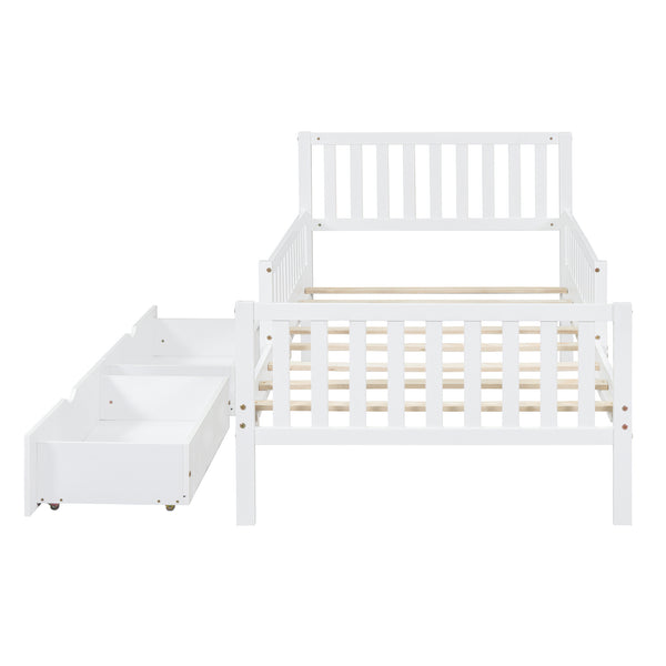 English Elm Twin Pinewood Platform Bed with Headboard, Guardrails & Two Underbed Drawers for Storage White 70.6 L x 17.1 W x 5.9 H N733P172696K
