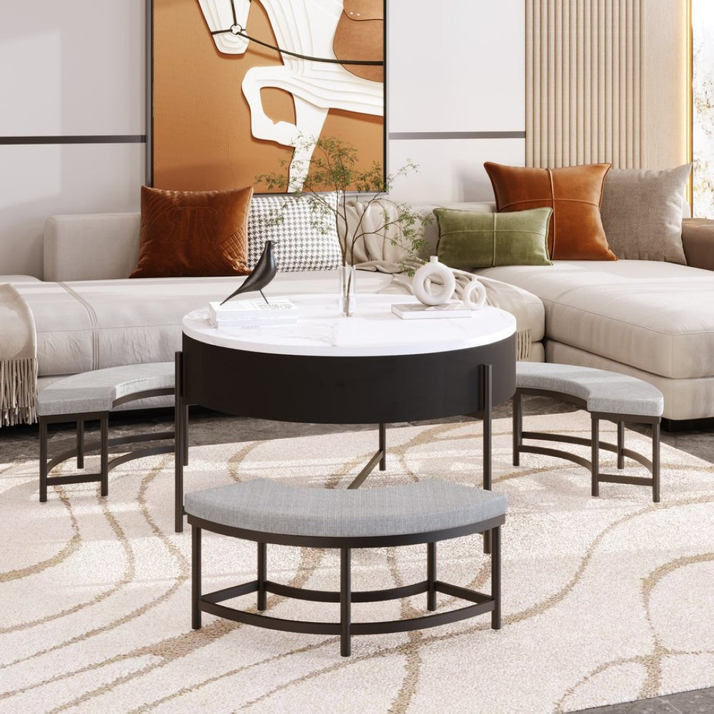 English Elm Modern Round Lift Top Coffee Table with Hidden Storage and Three Nesting Ottomans CH265770AAB