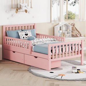 English Elm Twin Pinewood Platform Bed with Headboard, Guardrails & Two Underbed Drawers for Storage Pink 70.6 L x 17.1 W x 5.9 H N733P172696H