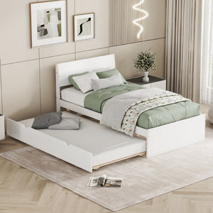 English Elm Modern Twin Bed with High Gloss Headboard Light Oak Trundle for Compact Spaces Creamy White,White W697131325