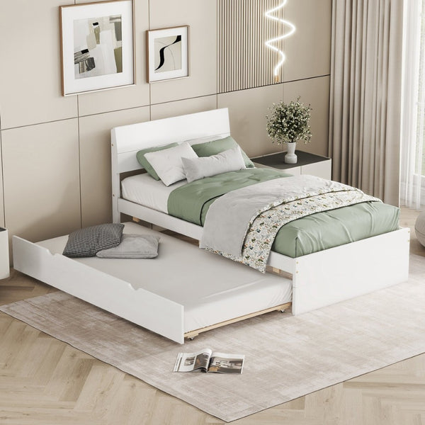 English Elm Modern Twin Bed with High Gloss Headboard Light Oak Trundle for Compact Spaces Creamy White,White W697131325