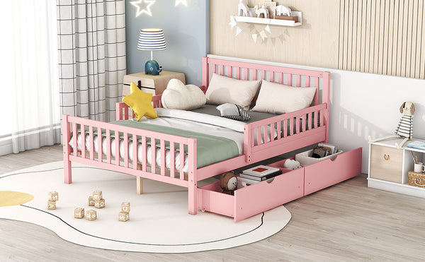 English Elm Full Wood Platform Bed with Headboard, Guardrails & Underbed Storage Drawers – Sturdy Pine Frame, 450LB Capacity Pink 78.25 L x 18.5 W x 6 H N733P172700H